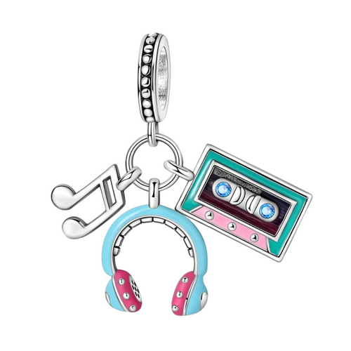 Pandora Charm Doppel-Achtelnote-Anhänger, Musikkopfhörer und Kassette – Universum-Charm