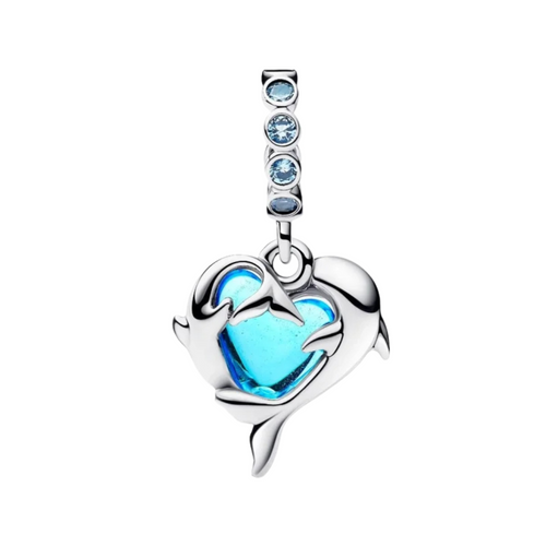 Pendentif Pandora Dauphins en verre de Murano bleu, argent sterling 925