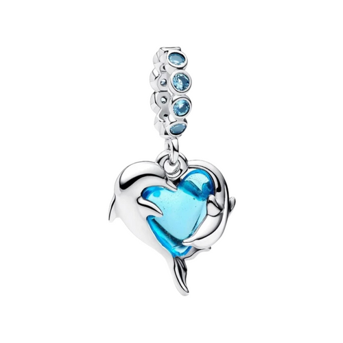 Pendentif Pandora Dauphins en verre de Murano bleu, argent sterling 925