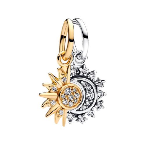 Pendentif Pandora divisible Soleil et Lune en argent sterling 925 avec incrustation d'or 14 carats