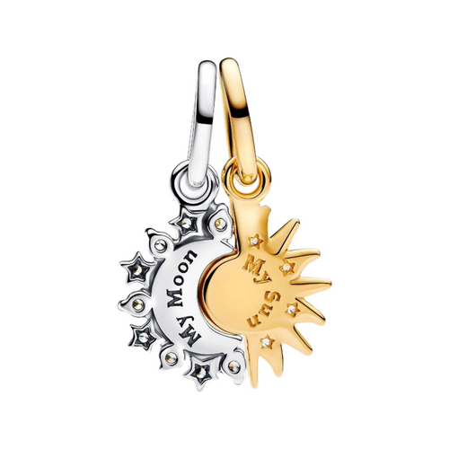 Pendentif Pandora divisible Soleil et Lune en argent sterling 925 avec incrustation d'or 14 carats