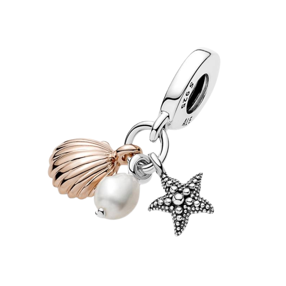 Charm Colgante Triple Perla Cultivada de Agua Dulce, Estrella de Mar y Concha - Charm Universo