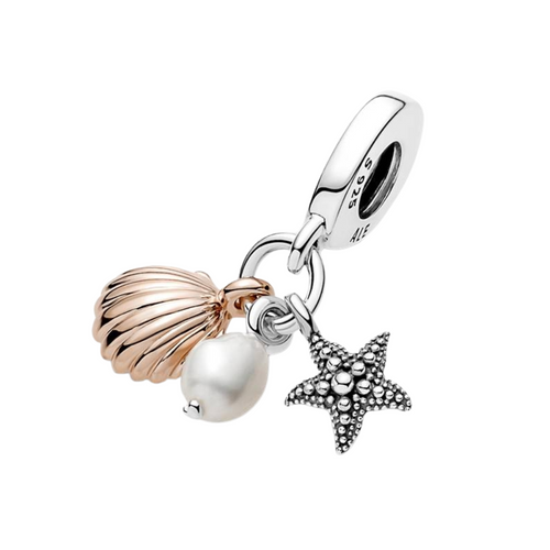 Charm Pandora Colgante Triple Perla Cultivada de Agua Dulce, Estrella de Mar y Concha - Charm Universo