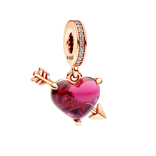 Pendentif Charm Coeur Rouge et Flèche en Verre de Murano Couleur Or Rose - Charm Universe