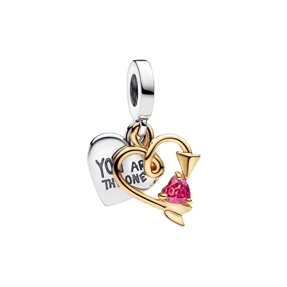 Charm Pandora Colgante Doble Corazón Grabable y Flecha en Plata de Ley y Baño de Oro de 14k