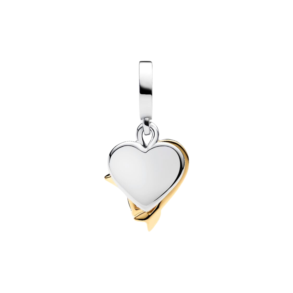 Charm Pandora Colgante Doble Corazón Grabable y Flecha en Plata de Ley y Baño de Oro de 14k