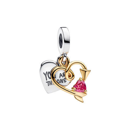 Charm Pandora Colgante Doble Corazón Grabable y Flecha en Plata de Ley y Baño de Oro de 14k