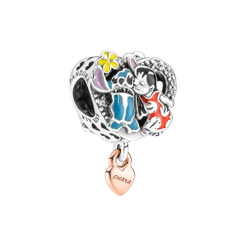 Charm Pandora Ohana Lilo y Stitch Disney Plata 925 con Baño de Oro Rosa 14k